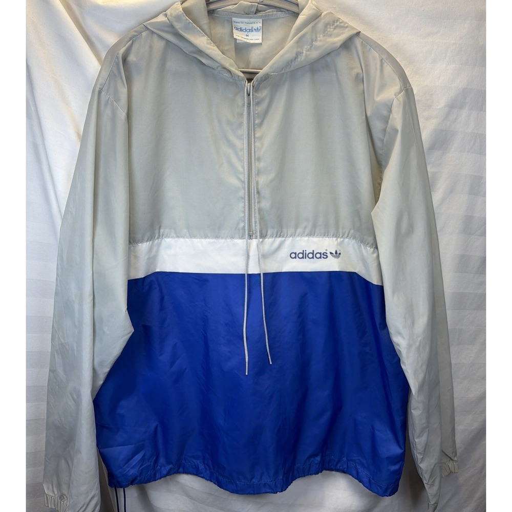 Vintage 80s Adidas Color Block Anorak Blue Grey Windbreaker Rain Jacket M Zipper